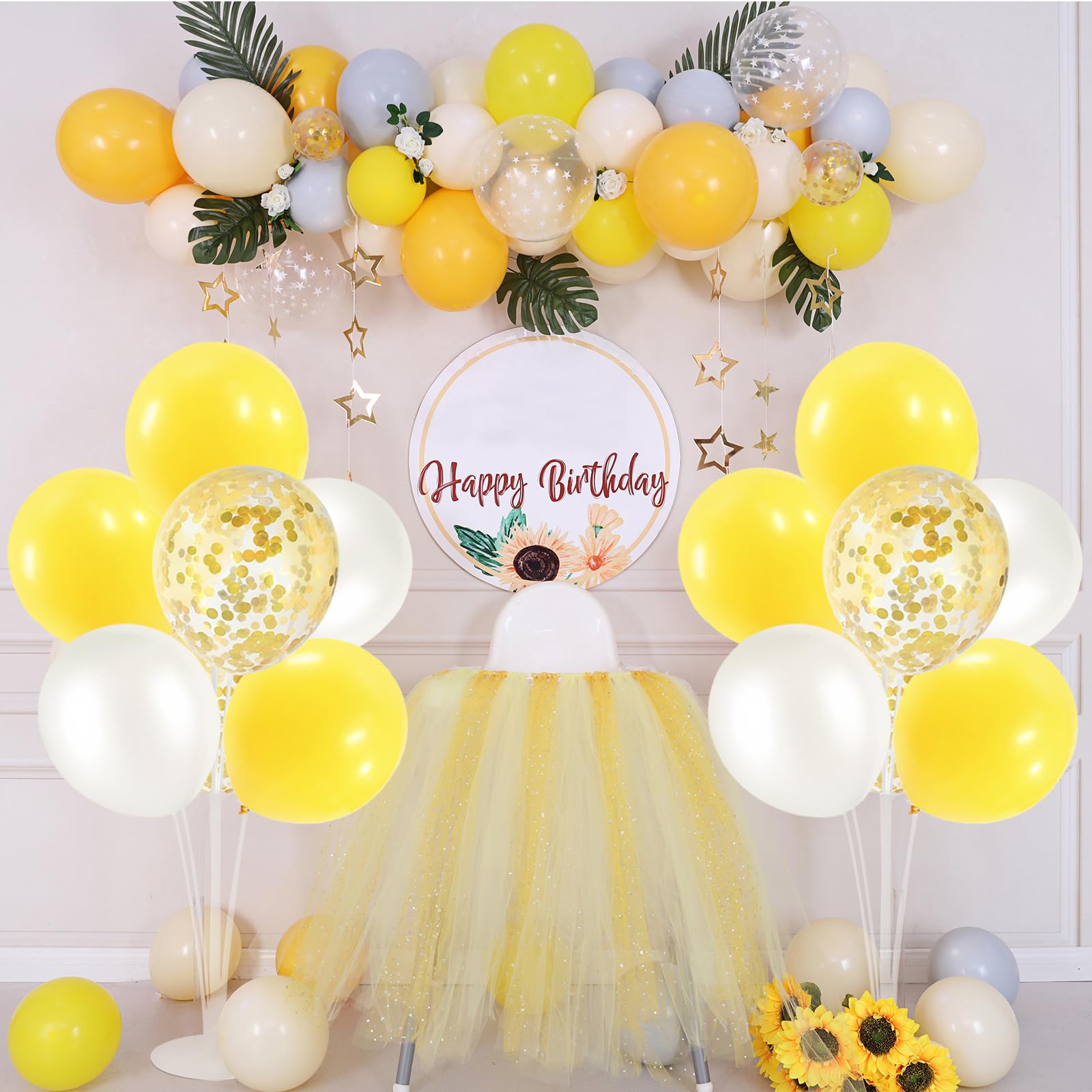 ZJDHPTY 6 Set Balloon Stand with Yellow and White Balloons Centerpiece Table Decorations Bee Daisy Sunflower Theme Pary Decorations Birthday Bridal Shower Wedding New Years Decorations 2025