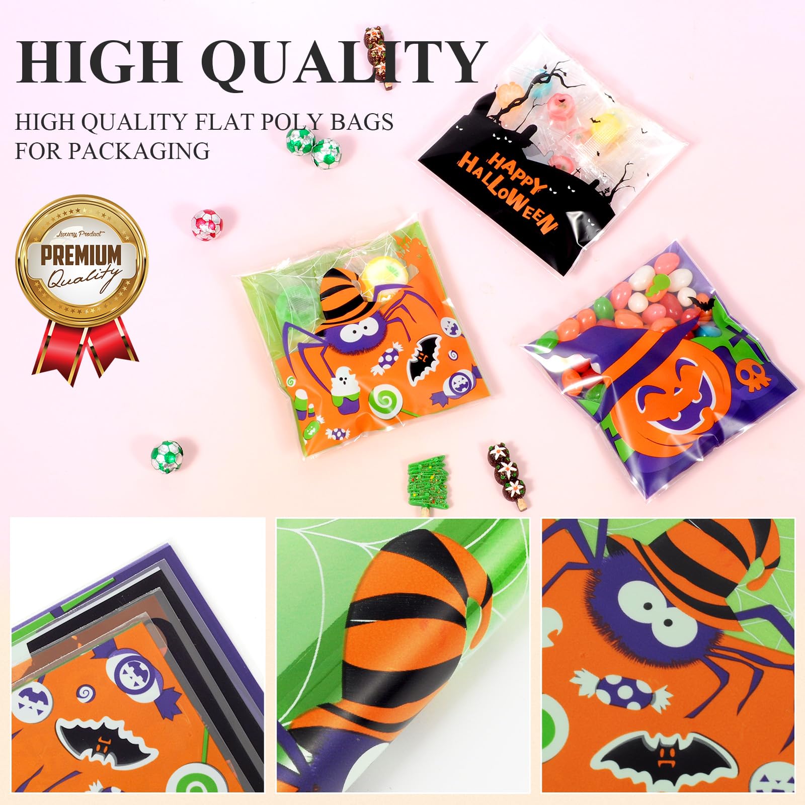 Artby7 100 Pack 4''x4'' Halloween Treat Bags for Candy or Cookies, Self Adhesive Small Candy Snake Goodie Bags for Halloween Party Favor and Gift Packing, Trick or Treat Bags