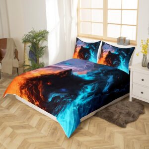 Fire Wolf Duvet Cover Full Size,Ice and Flame Wolf Bedding Set 3Pcs,Kids Boys Teens Adults Home Decor,Wild Animal Hunting Theme Comforter Cover,3D Cool Wildlife Quilt Cover,2 Pillowcases(No Comforter