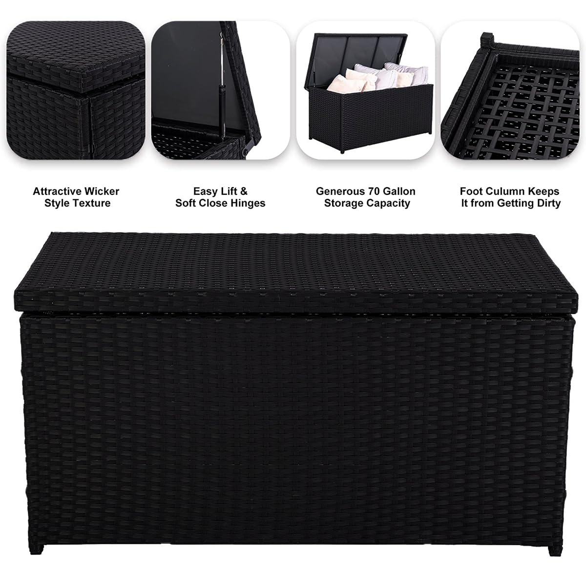 Outdoor 70 Gallon Wicker Storage Box with Waterproof Liner, Patio PE Rattan Storage Container for Outside, Deck Box with Hinged Lid for Cushions, Pillows, Towels, Horizontal Bin, Black