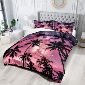 CCoutueChen Coconut Tree Comforter Set Queen Size Tropical Beach Leaf Bedding Sets Botanical Leaves Comforter Romantic Galaxy Bed Set 3Pcs Soft Fluffy Lightweight Comforter (Girls Women Adult)