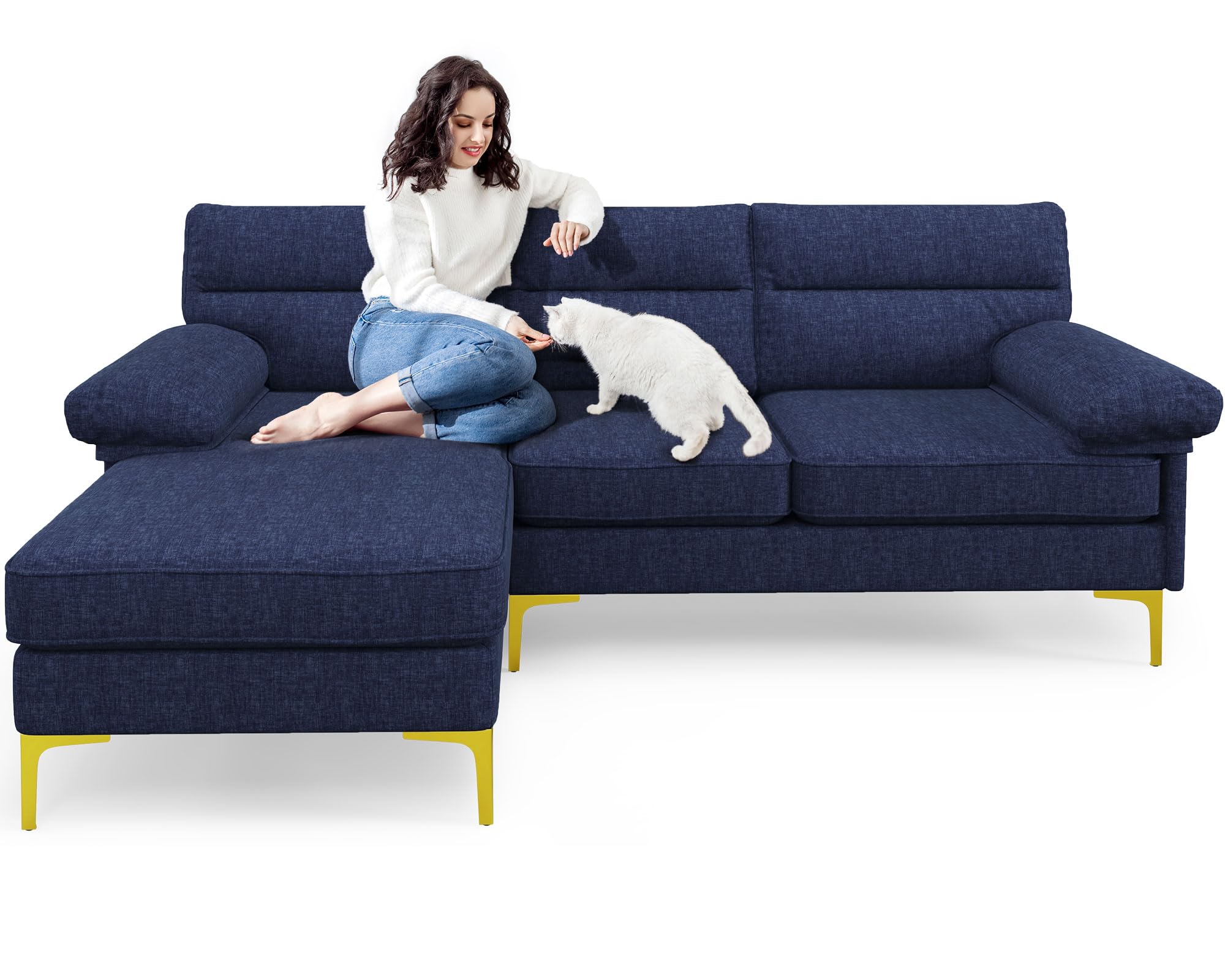 Sectional Couches for Living Room, Modern Chenille Convertible Sofa Bed L-Shaped Couch 3 Seats Sofas with Reversible Wide Chaise & Fluffy Armrests for Small Apartment Compact Spaces Dark Blue