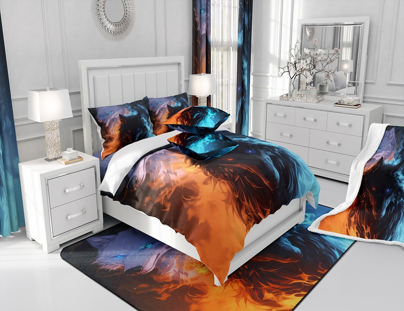 Fire Wolf Duvet Cover Full Size,Ice and Flame Wolf Bedding Set 3Pcs,Kids Boys Teens Adults Home Decor,Wild Animal Hunting Theme Comforter Cover,3D Cool Wildlife Quilt Cover,2 Pillowcases(No Comforter