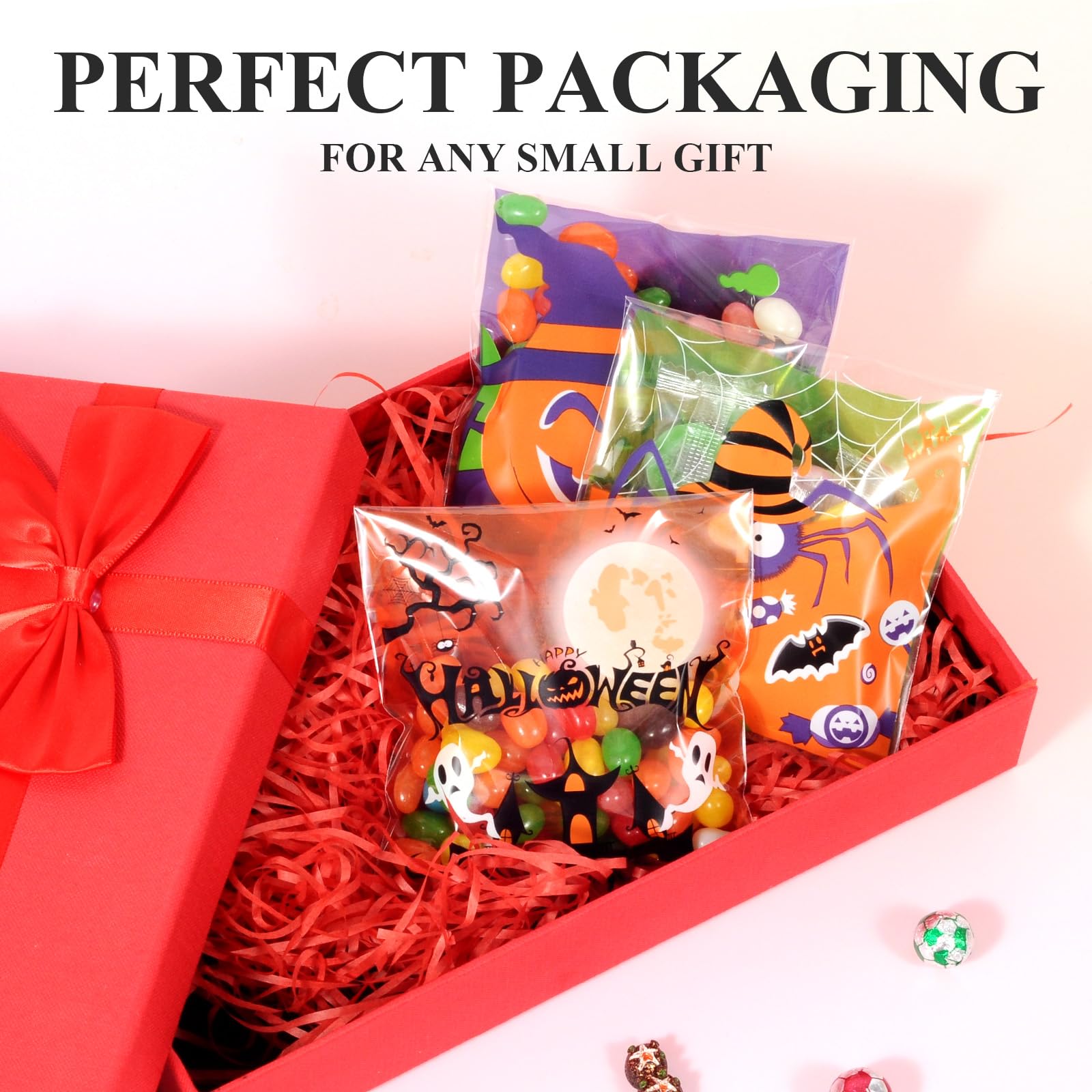 Sainyarh 100 Pcs Halloween Treat Bags 4'' X 4'' Halloween Cellophane Bags, Trick or Treat Candy Goodie Bags for Holiday Halloween Party Favors Supplies