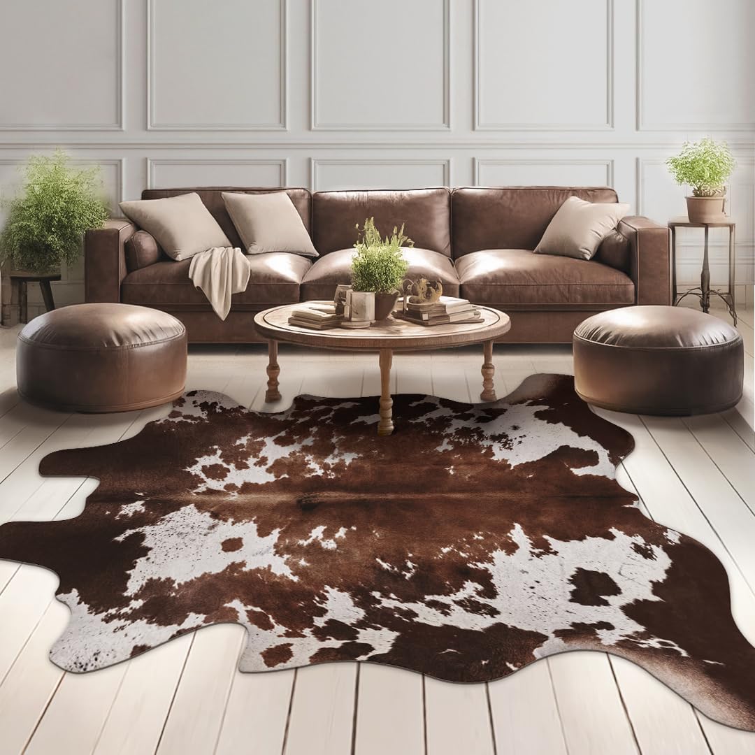 Faux Cowhide Cow Print Rug: 4.6 x 5.2 Feet Cow Hide Animal Print Area Carpet Large Western Decor for Living Room Bedroom (4.6 * 5.2ft)