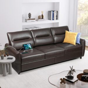 sthouyn 85” brown 3 seater couch with usb, mid century modern leather sofas couches for living room small spaces, apartment couch, large office couch, stain resistant & 3 tufted cushion (brown)