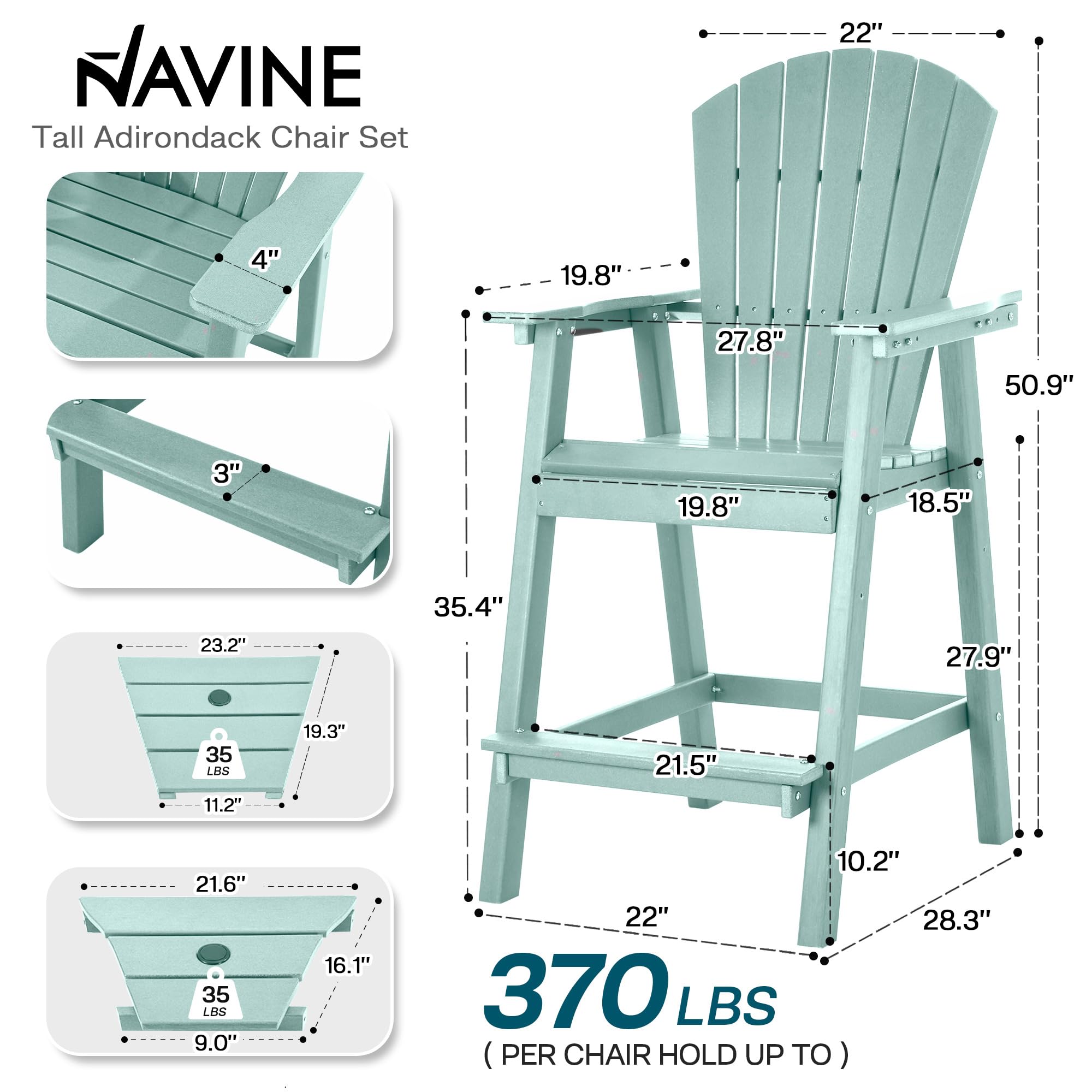 NAVINE Tall Adirondack Chairs Set of 2, HDPE Balcony Chair with Double Connecting Tray, Weather Resistant Outdoor Adirondack Bar Stools for Patio, Deck, Patio, Backyard, Balcony.(Blue)