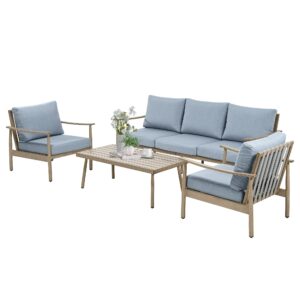 happatio patio outdoor furniture set - 4 piece aluminum patio conversation set with 1 coffee table, 2 armchairs and 1 three-seater sofa, aluminum outdoor furniture set for backyard poolside(brown)