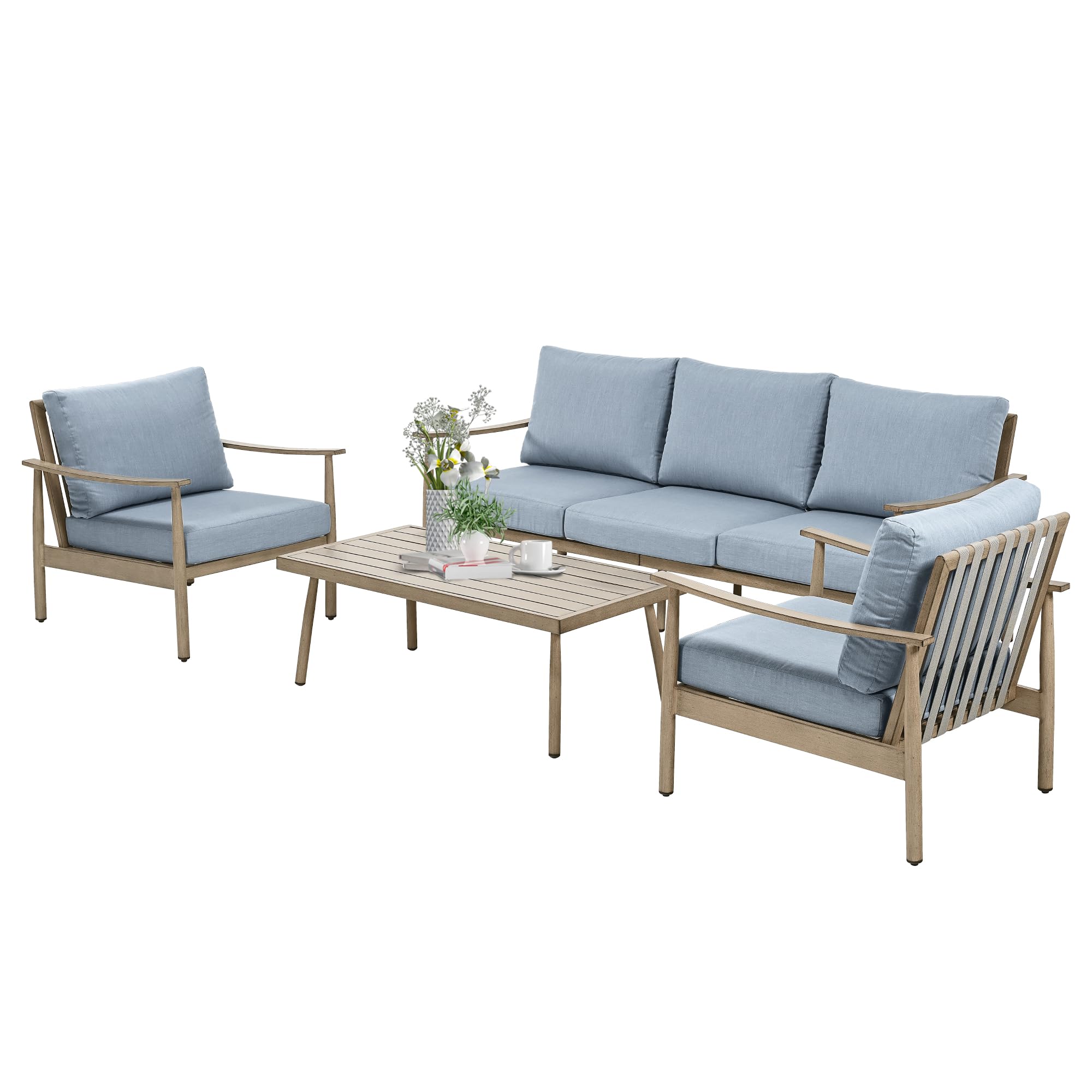 HAPPATIO Patio Outdoor Furniture Set - 4 Piece Aluminum Patio Conversation Set with 1 Coffee Table, 2 Armchairs and 1 Three-Seater Sofa, Aluminum Outdoor Furniture Set for Backyard Poolside(Brown)