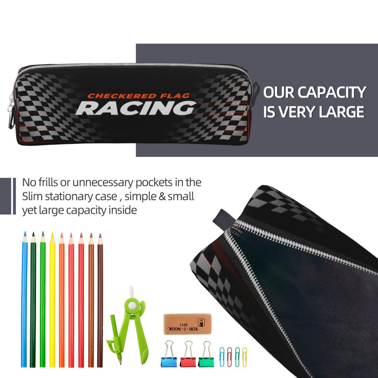 Pencil Case Pouch for Boys Girls Kids, Racing Flag Speed Race Car Pencil Cases Box Pen Portable Office Stationery Makeup Bag, Pencil Pen Bag Desk Organizer for School Students