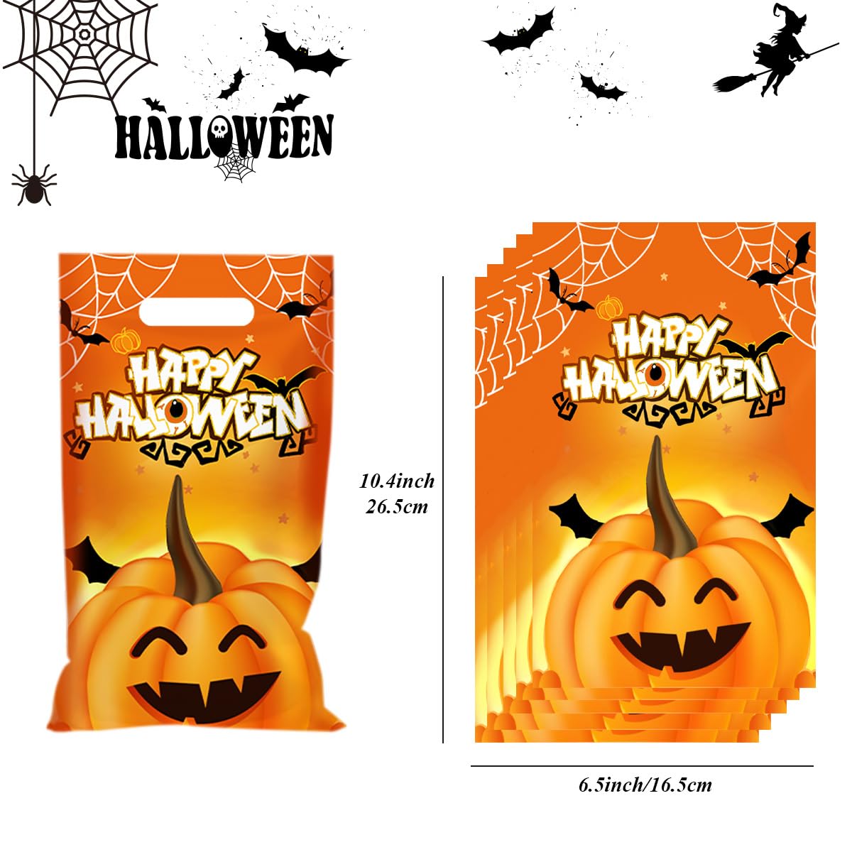 Artby7 50 Pcs Halloween Crafts Plastic Bag With Die Cut Handle, 6.5''x10'' Trick or Treat Bags Goodie Bags Halloween Candy Gift Bags for Halloween Party Favors Supplies Decorations