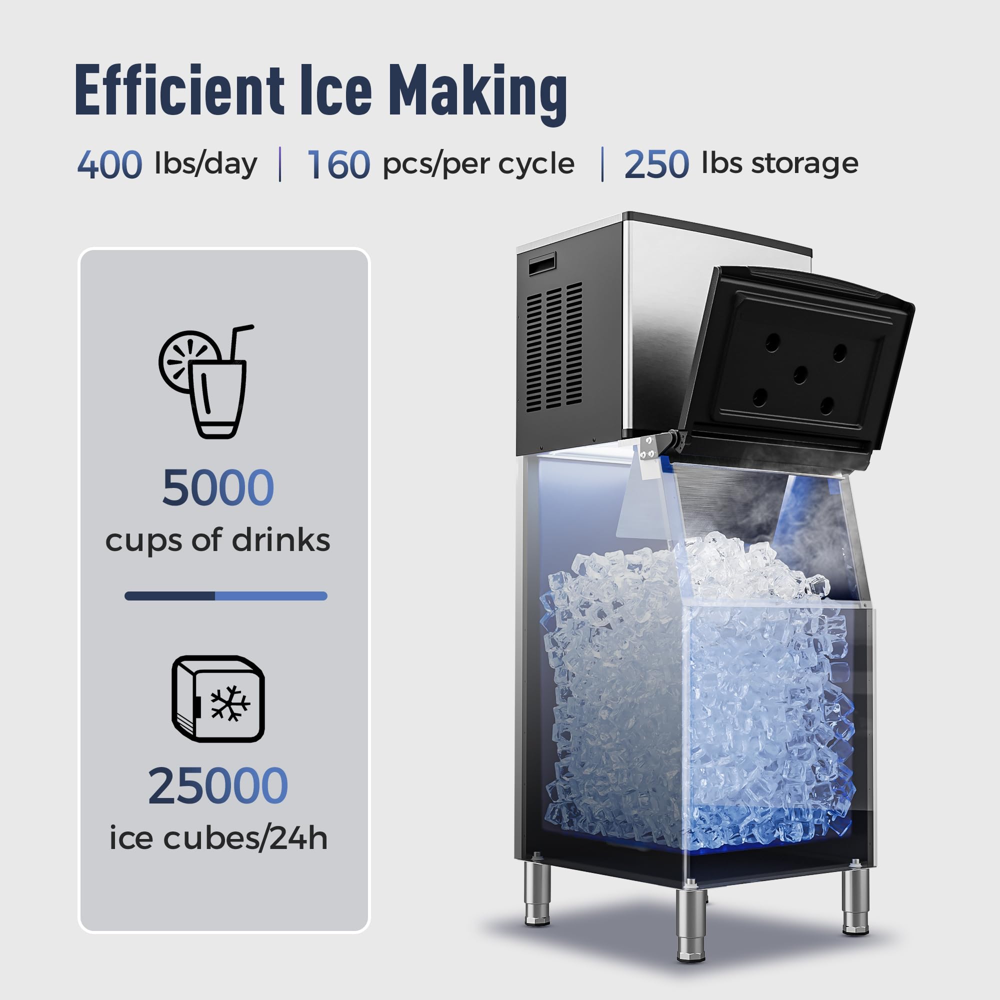 ICEVIVAL Commercial Ice Maker Machine, 400lbs/Day, SECOP Compressor, 250lbs Storage, Ice Ready in 8 to 15mins, Auto-Cleaning Stainless Industrial Ice Machine, Air Cooled, Restaurant/Business/Home