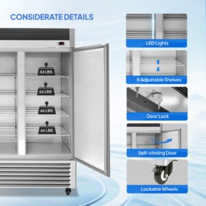 ROVSUN 54"W Commercial Freezer Reach in Freezer ETL NSF Certified, 49 Cu.Ft Upright Freezer Stainless Steel w/ 2 Door Auto Defrosting LED Light Adjustable Shelves for Restaurant Cafe Garage