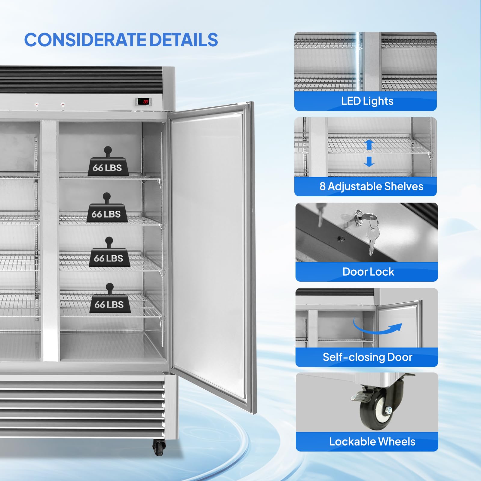 ROVSUN 54"W Commercial Freezer Reach in Freezer ETL NSF Certified, 49 Cu.Ft Upright Freezer Stainless Steel w/ 2 Door Auto Defrosting LED Light Adjustable Shelves for Restaurant Cafe Garage