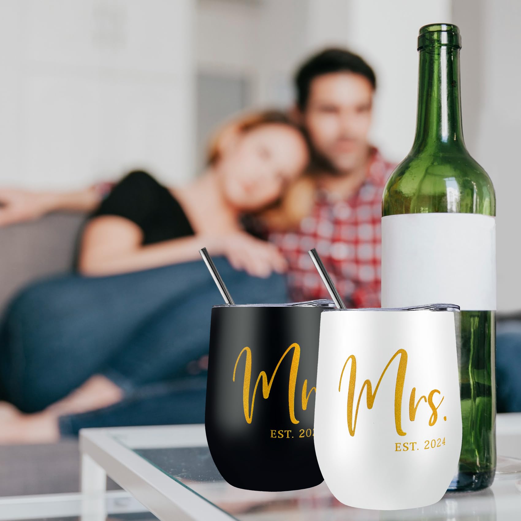 ELEGANTPARK Mr and Mrs Gifts Wedding Gifts for Couples 2024 Engagement Newlyweds Wedding Gifts for Bride and Groom Cups Stainless Steel Mr & Mrs Wine Tumbler with Lid and Straw 12 OZ