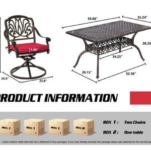 TITIMO Cast Aluminum 7-Piece Patio Dining Set with Cast-Top Table and Flower Swivel Rockers Chairs with Cushions, Outdoor Furniture Set for Backyard Porch Pool (Red)