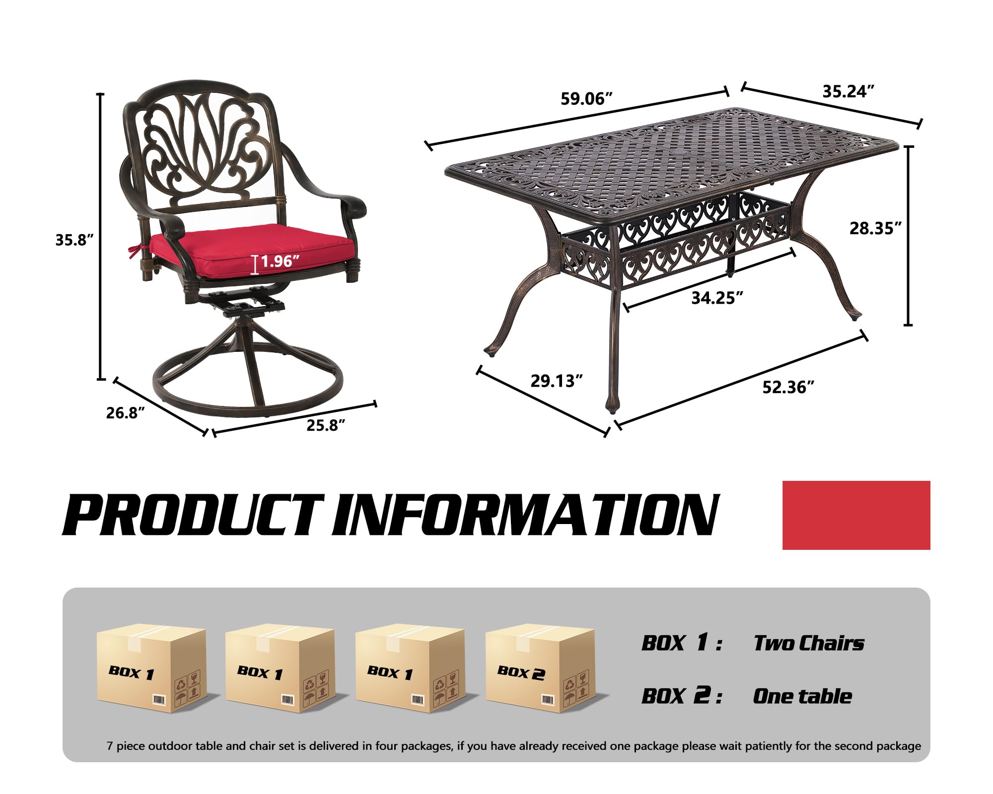 TITIMO Cast Aluminum 7-Piece Patio Dining Set with Cast-Top Table and Flower Swivel Rockers Chairs with Cushions, Outdoor Furniture Set for Backyard Porch Pool (Red)