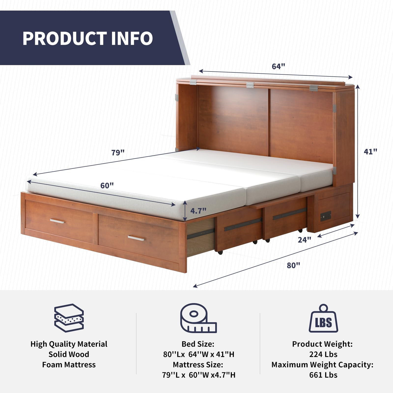 ijuicy Murphy Bed, Queen Size Cabinet Bed with Foldable Memory Foam Mattress & USB Charging Station & 2 Large Drawers for Guests Room/Bedroom-Reddish Brown