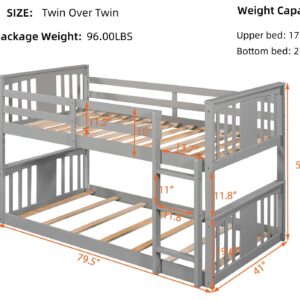 Merax Kids Bunk Bed Twin Over Twin, Wood Low Floor Bunkbed with Stairs Guardrail for Boys, Girls, Toddlers, No Box Spring Required, Grey