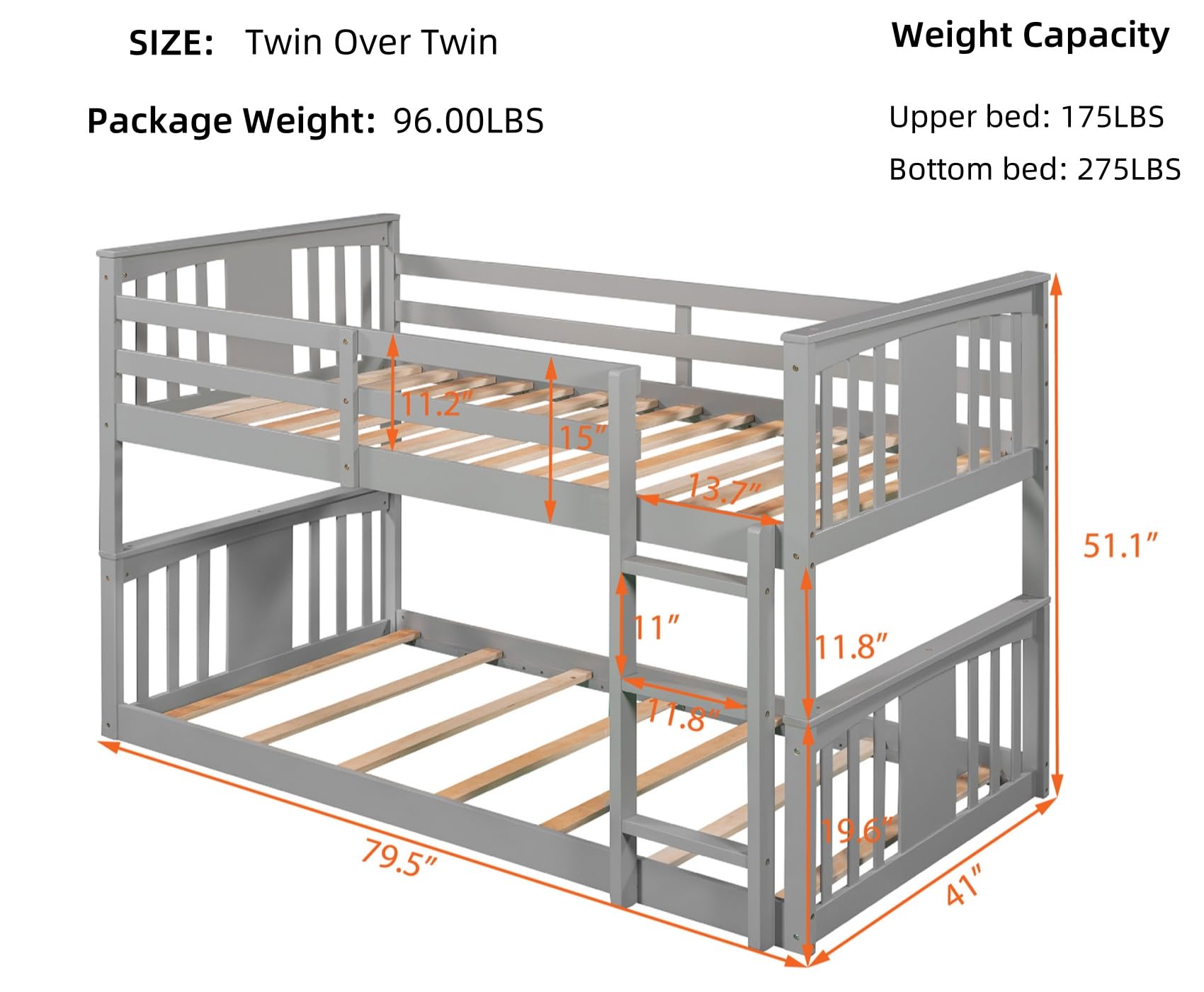 Merax Kids Bunk Bed Twin Over Twin, Wood Low Floor Bunkbed with Stairs Guardrail for Boys, Girls, Toddlers, No Box Spring Required, Grey