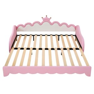 Merax Twin Size Upholstered Princess Bed Frame with Crown Headboard and Light Strips, Space-Saving Extending Daybed Pull Out Sofa Bed for Girls Teens Kids Bedroom, No Box Spring Needed, Pink