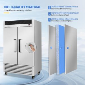 ROVSUN 54"W Commercial Freezer Reach in Freezer ETL NSF Certified, 49 Cu.Ft Upright Freezer Stainless Steel w/ 2 Door Auto Defrosting LED Light Adjustable Shelves for Restaurant Cafe Garage