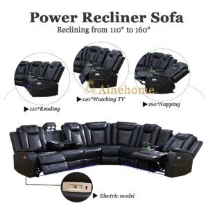 A Ainehome Power Reclining Sectional Sofa Couch with LED Light, Leather Recliner Electric Reclining Sectional Couch Recliner Sofa Set with Cup Holder,USB Port,Storage Console for Living Room (Black)