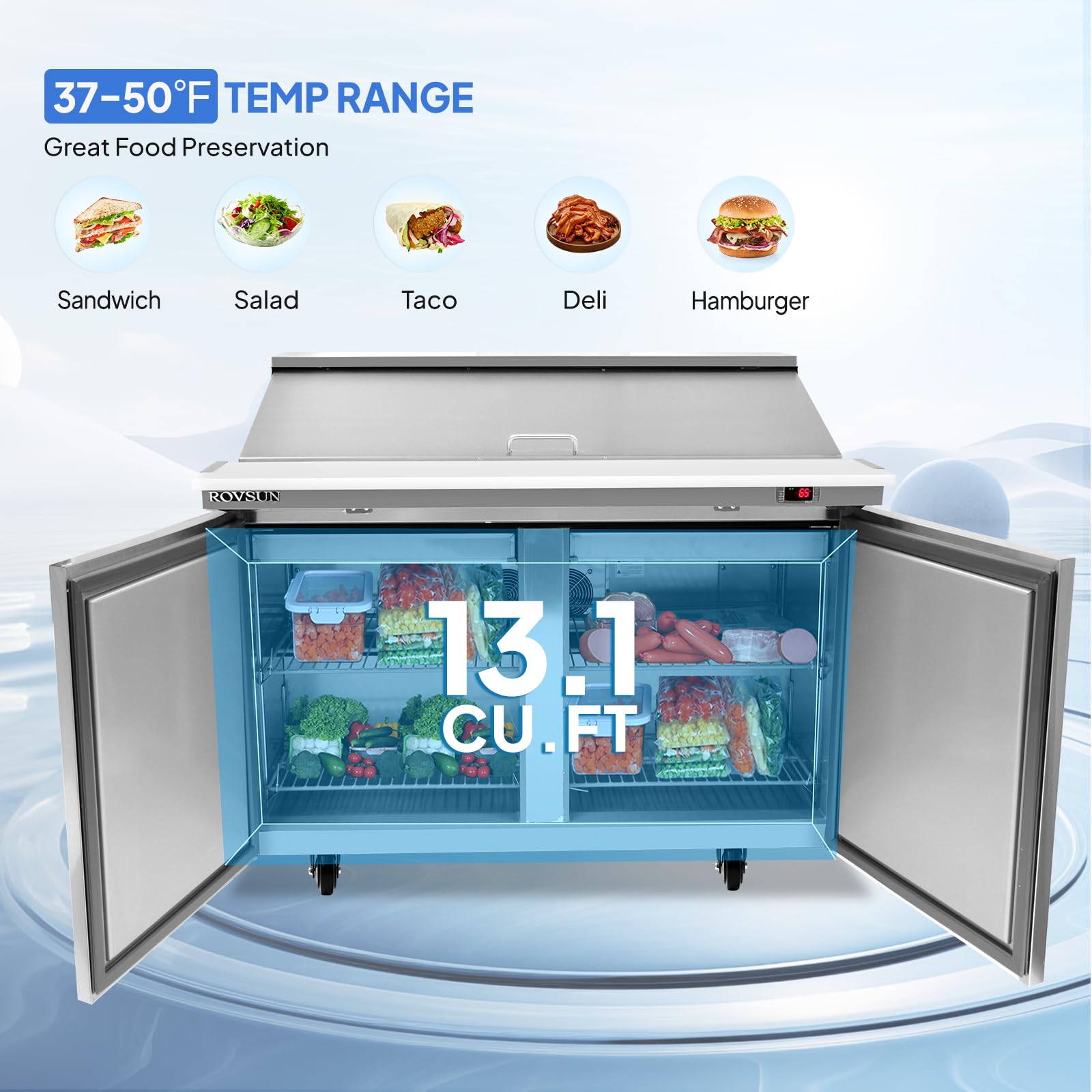 ROVSUN 48"W Sandwich & Salad Prep Table Refrigerator ETL NSF Certified, 13.1 Cu.Ft Commercial Refrigerator Salad Bar Stainless Steel w/18 Pans Cutting Board Lockable Wheels Double Doors for Restaurant