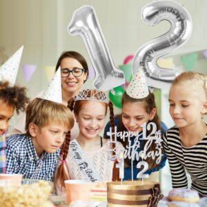 12th Birthday Decorations for Girls Silver, Including 12th Birthday Sash, Crown/Tiara, Candles and Cake Toppers, Silver Number 12 Balloons, 12 Year Old Birthday Party Decorations for A Girl