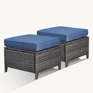 Bellefurn Patio Ottomans Set of 2 Outdoor Ottomans Wicker Foot Stools 2 Piece Footrest PE Rattan Ottomans with Thickened Cushions for Patio Garden Porch Balcony Poolside Deck, Brown|Blue