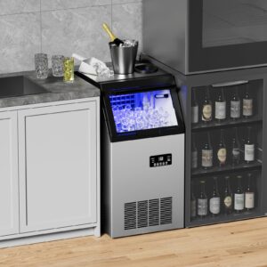 Commercial Ice Maker Machine 150LBS/24H, 2 Water Inlets Under Counter Ice Maker Stainless Steel with 33lbs Ice Storage Capacity, Freestanding Ice Maker