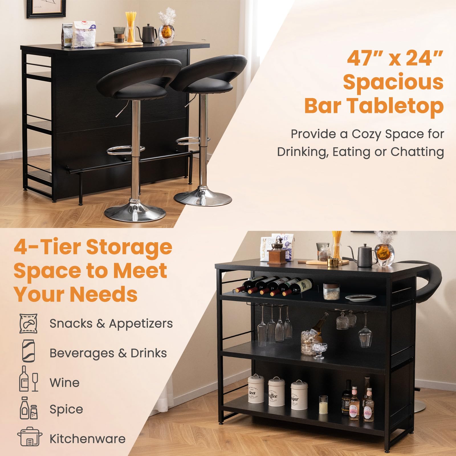 Giantex Home Bar Unit, 4 Tier Liquor Bar Table with Footrest, Wine Bottle Racks, Glass Holder, Industrial Corner Mini Coffee Bar Cabinet for Home Kitchen Pub (Black)