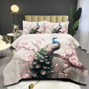 ccoutuechen bohemian feather comforter bedding set king size floral peacock bed sets flowers peacock comforter insert vintage bird animal bedding 3pcs soft lightweight comforter(girls women adult)