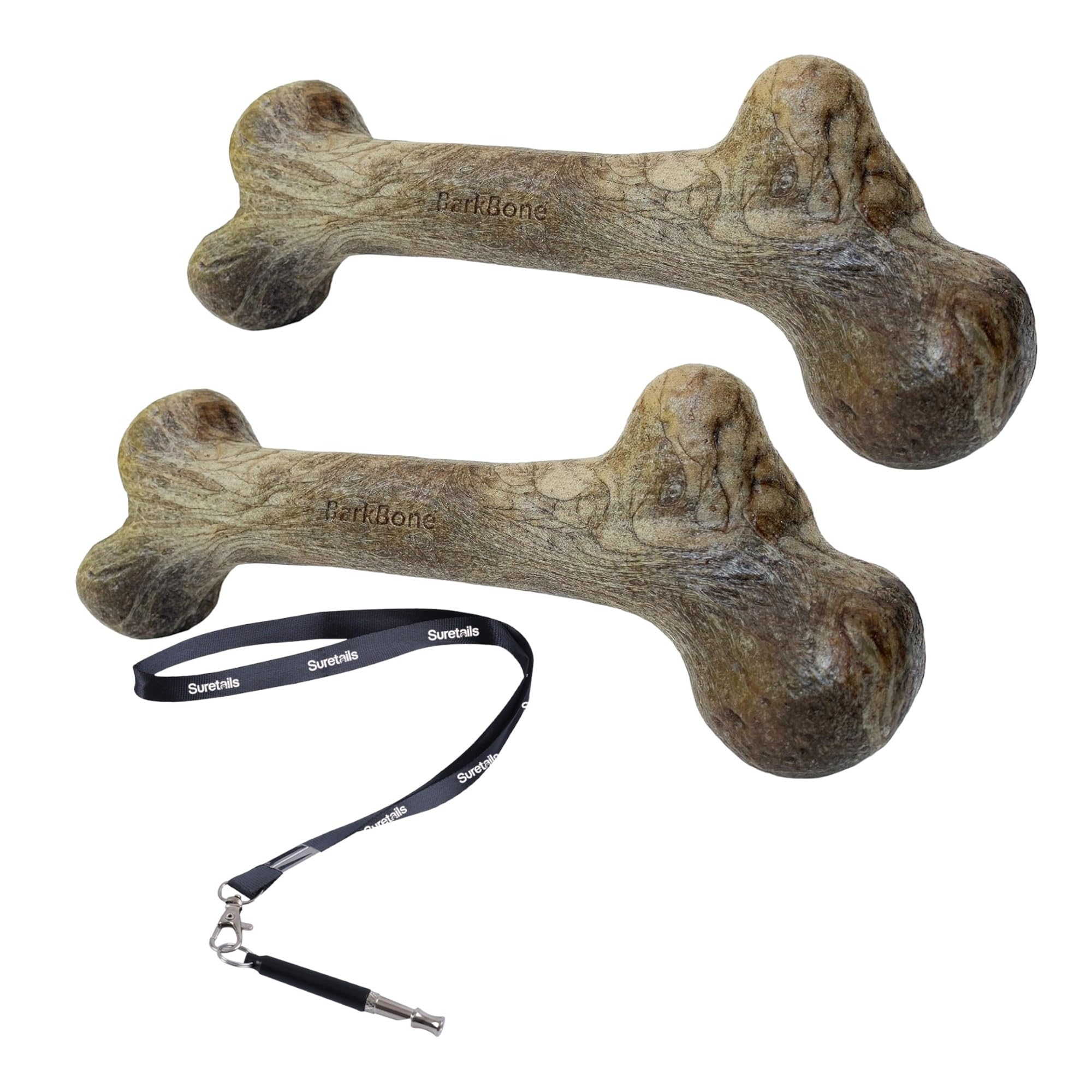 Suretails Dinosaur Barkbone Chew Toy, 2.4 Oz, Bundled Ss Pet Training Whistle, Dog Toys Peanut Butter Flavor, Wood Dog Bone for Medium Dogs, Safer & Material~ [Pack of 2]