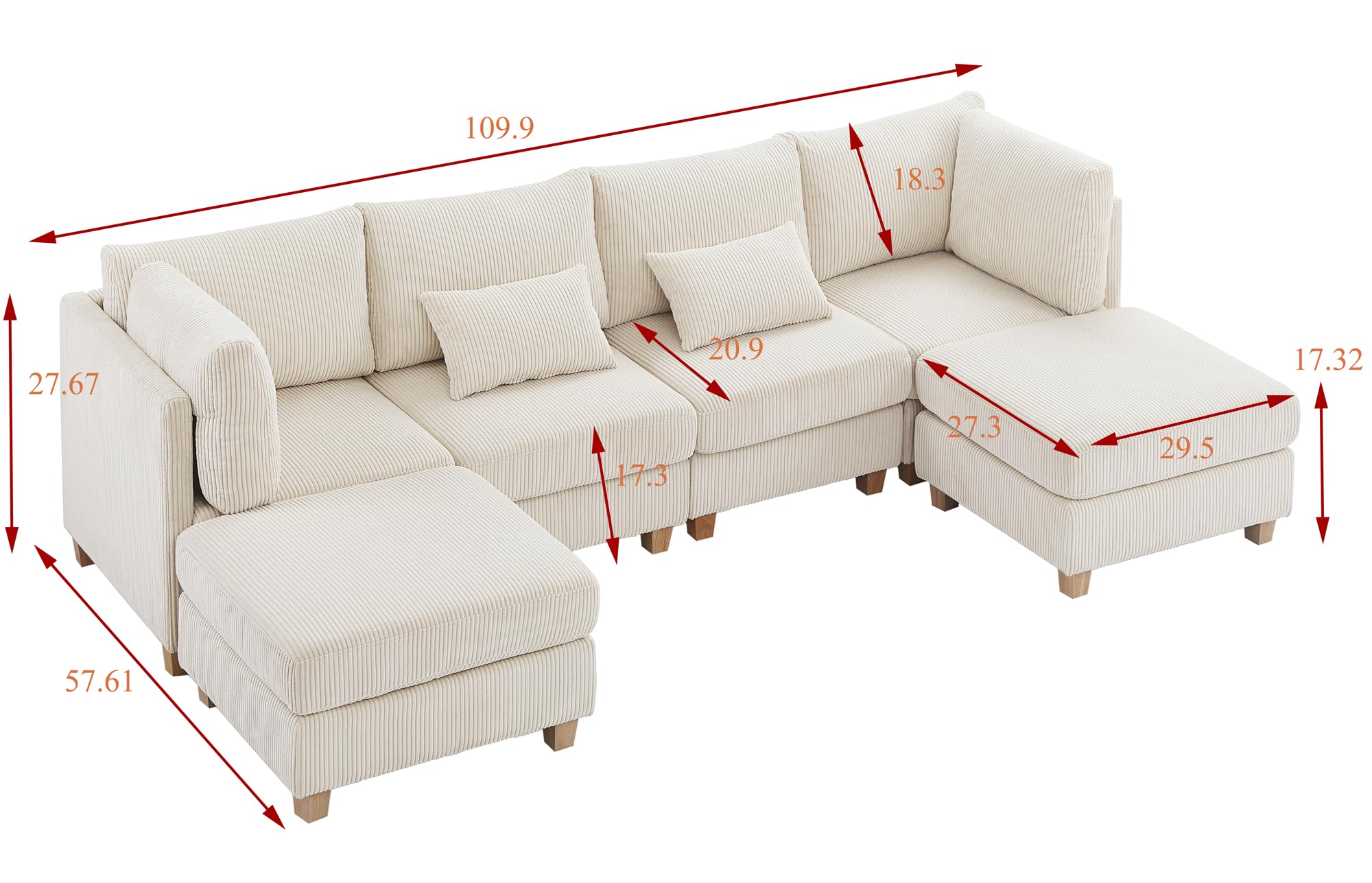 FREEHOMAE Sectional Sofa Couch,Modular Sectional Sofa,Sectional Couches for Living Room,Cloud Couch,L Shaped Couch with Removable Ottomans.（4Seat+2 Ottoman-White）