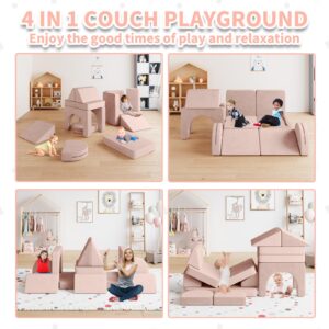 DEYGIA 13PCS Modular Kids Play Couch, Kids Couch with Climbing Slope, 13 in 1 Toddler Couch for Playing, Creativing, Sleeping, Indoor Kids Sofa for Boys and Girls (Pink)