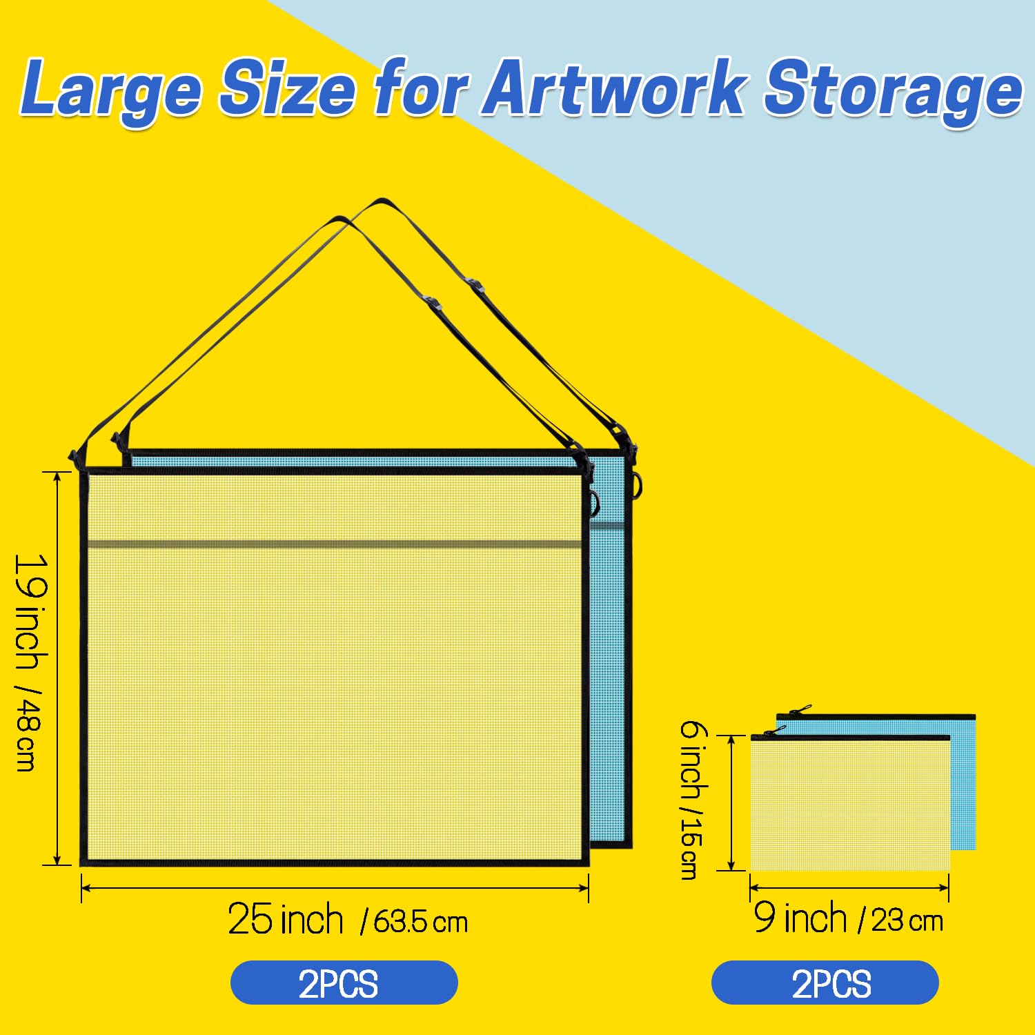 BERYA 2 Pcs Art Portfolio Bag, 19x25 Inches Artwork Storage Case with Handle and Zipper, Large Clear Waterproof Poster Storage Bag for Posters Artwork Bulletin Board (Yellow and Blue)