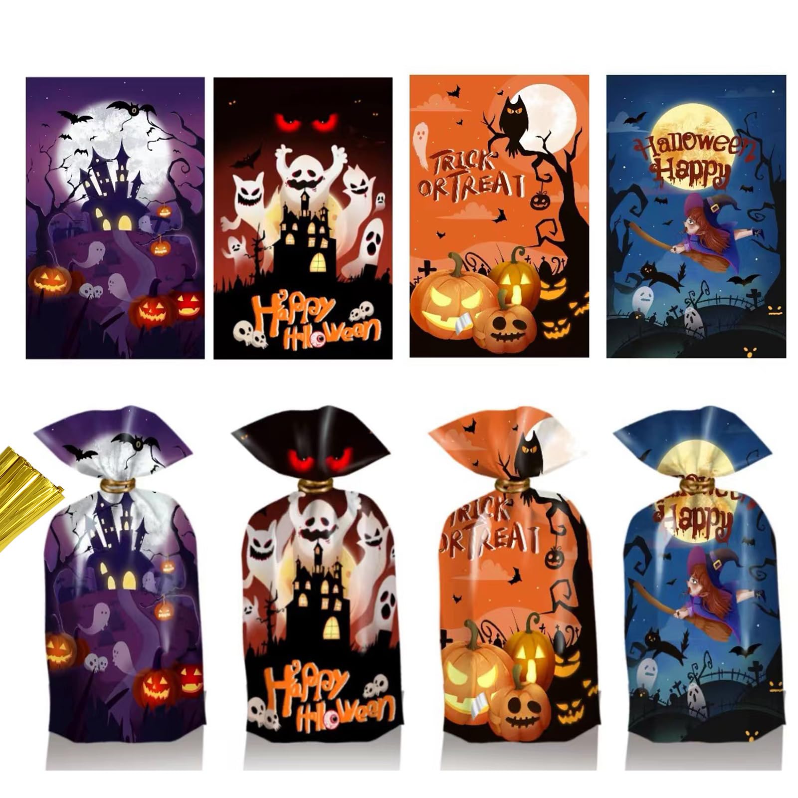 Artby7 Halloween Treat Bags, Halloween Cellophane Treat Bags, 50 PCS Halloween Candy Bags, Halloween Cello Cookie Goodies Gift Bags with 50pcs Ties for Halloween Trick or Treat Party Favors Supplies