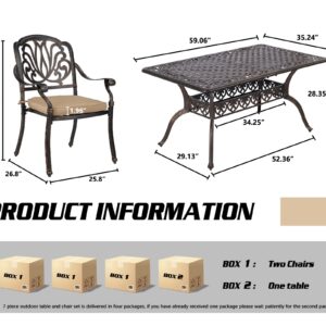 TITIMO Cast Aluminum Patio Dining Set 7-Piece with Cast-Top Rectangular Table and 6 Flower Chairs with Cushions,Outdoor Furniture Set for Backyard Porch Pool (Khaki)