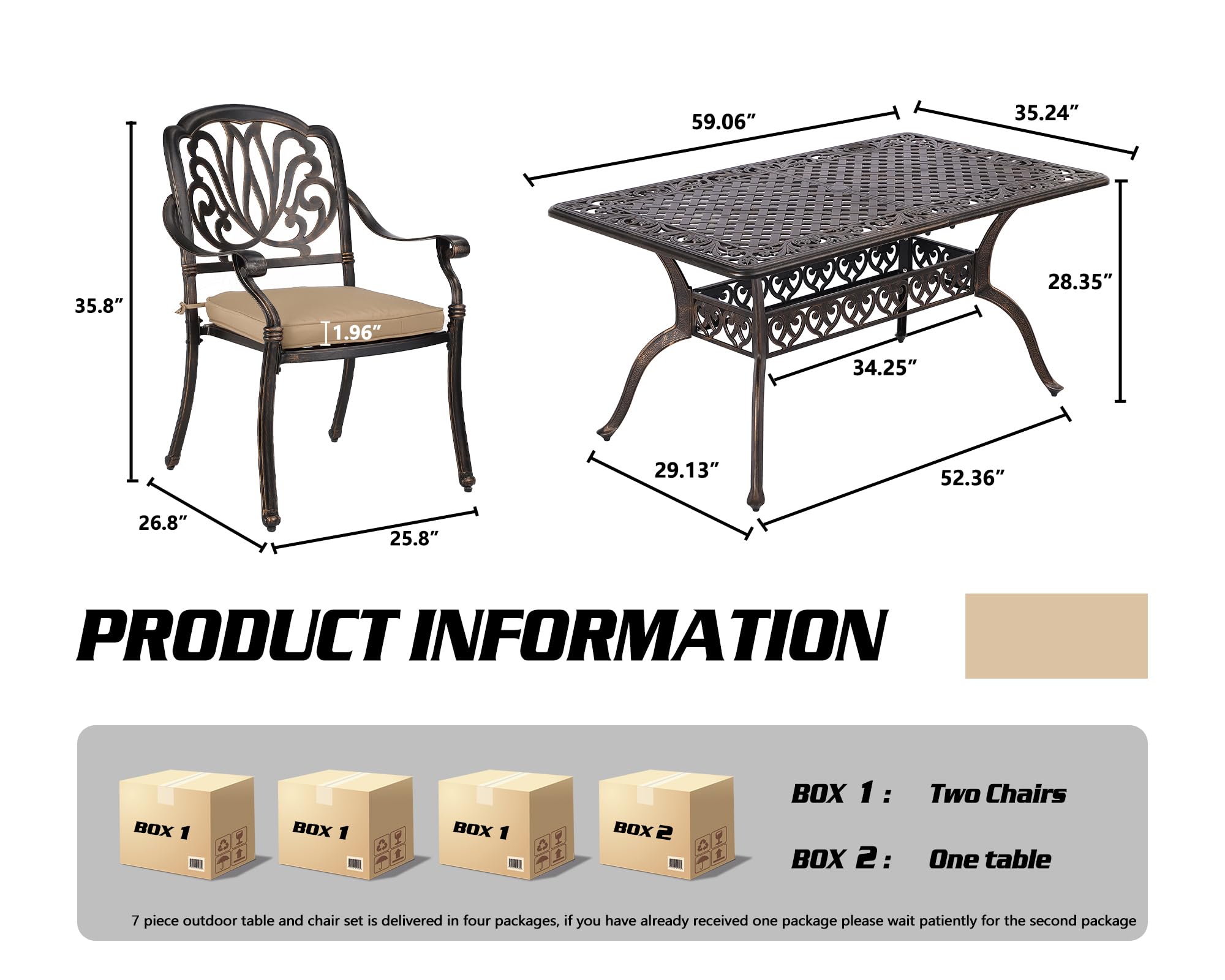 TITIMO Cast Aluminum Patio Dining Set 7-Piece with Cast-Top Rectangular Table and 6 Flower Chairs with Cushions,Outdoor Furniture Set for Backyard Porch Pool (Khaki)