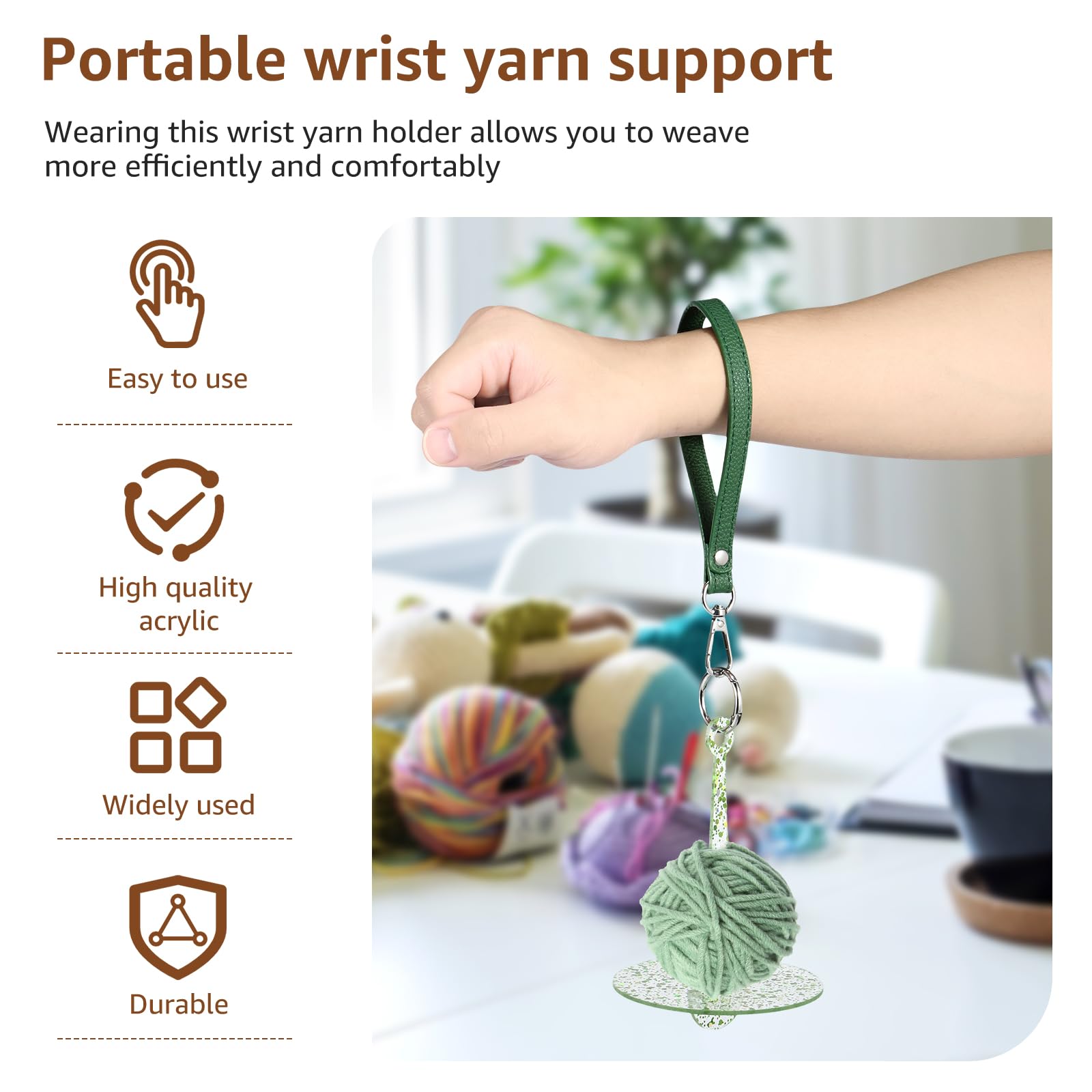 LYDODOKA 2Pcs Wrist Yarn Holder, Portable Yarn Holder with Leather Wristband, Acrylic Wrist Yarn Ball Holder, Yarn Ball Minder Yarn Organizer, Stand Knitting Crocheting Supplies Gift for Craft Lovers