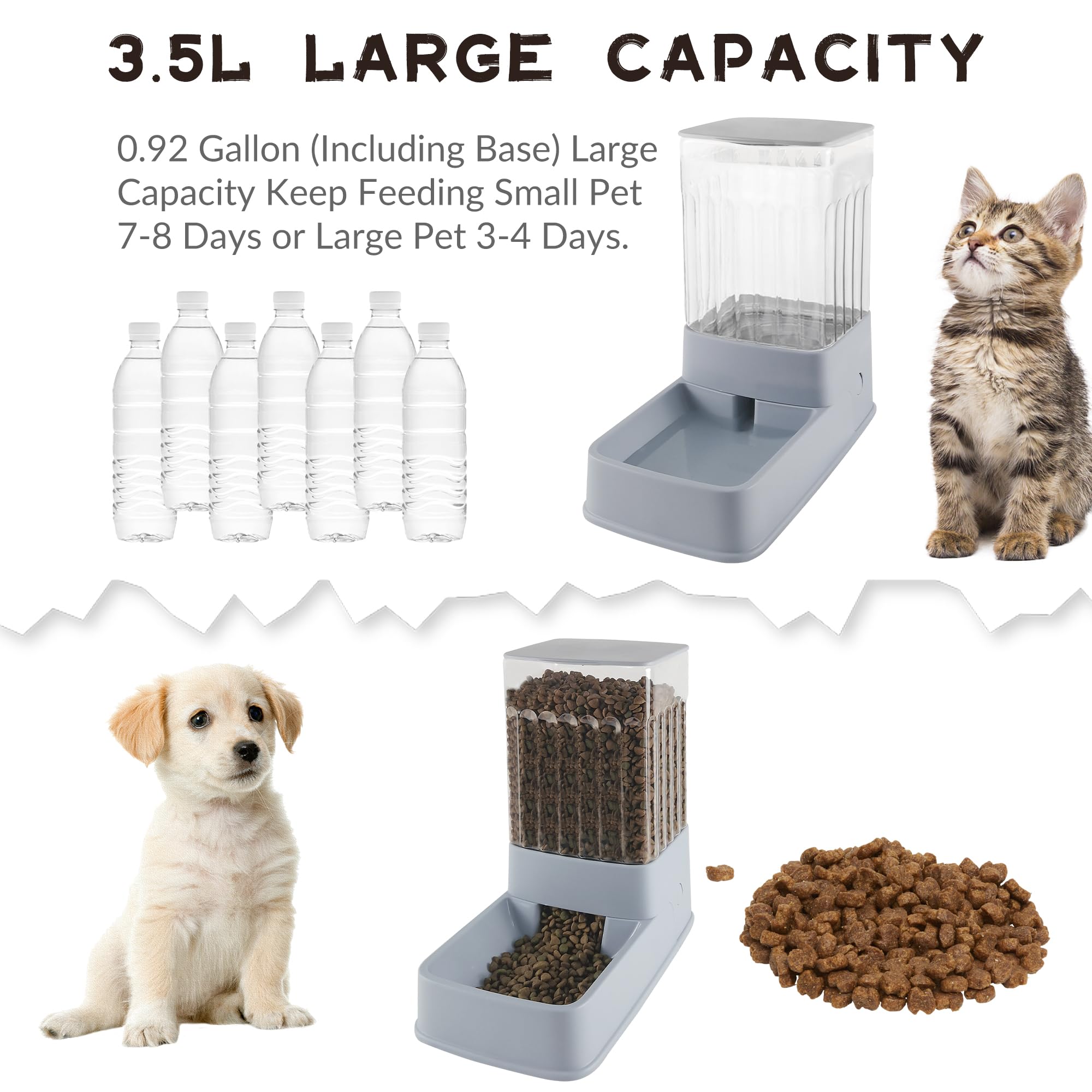 Tokenkuko Automatic Cat Feeder and Water Dispenser in Set,Automatic Food Feeder and Waterer Set 3.8L with Pet Food Bowl for Small Medium Dog Pets Puppy Kitten Large Capacity(1 Gallon x 2,Gray)