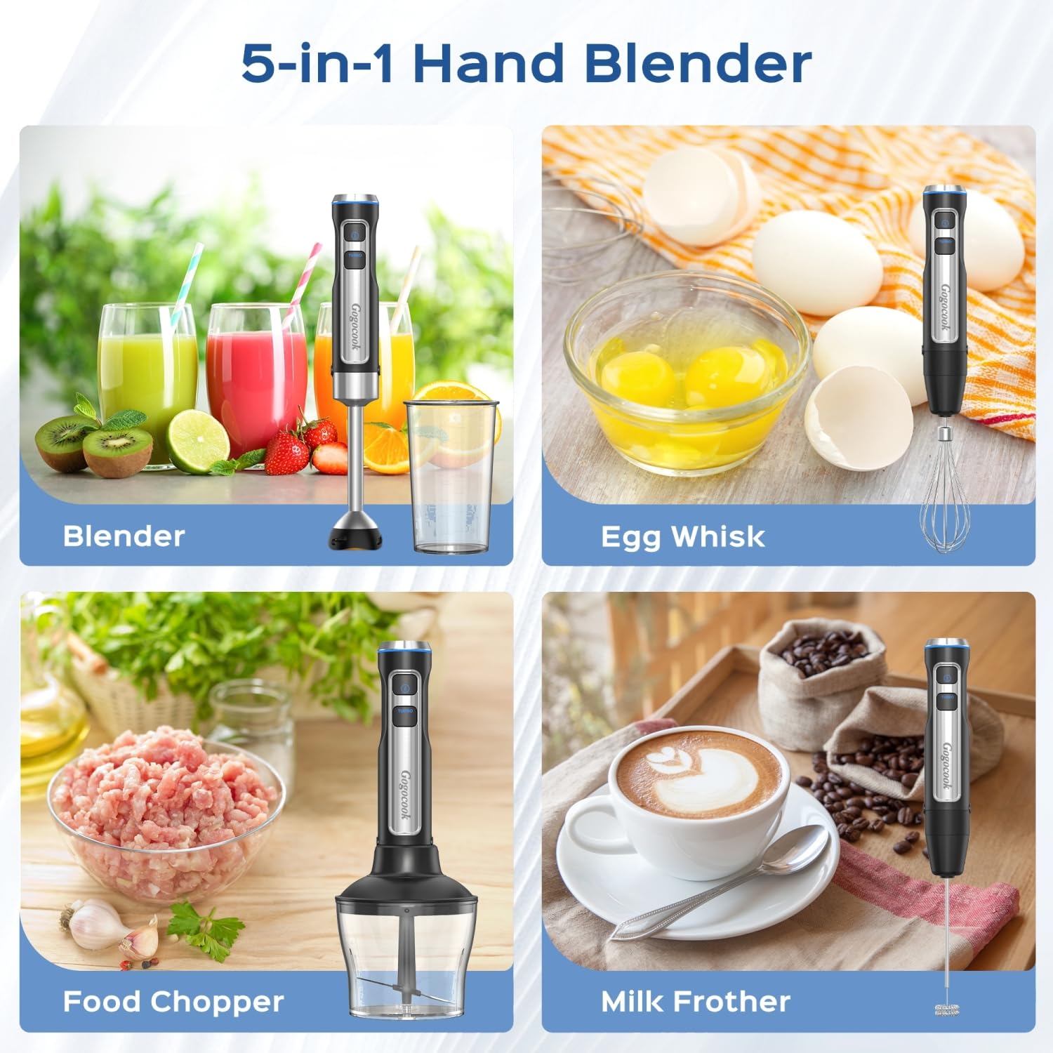 Immersion Blender 5 in 1 Hand Blender, Electric Blender Max 1000W Heavy Duty Motor, 21 Speed & Turbo Mode Handheld Blender, Milk Frother, Egg Whisk, 800ml Beaker, 600ml Chopper Stainless Steel Blades