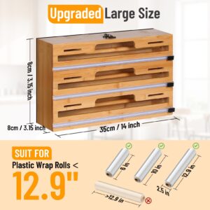 Allinside Magnetic Plastic Wrap Dispenser with Cutter, 3 in 1 Refrigerator Bamboo Wood Organizer for Tin Foil, Baking Paper, Wax Paper Holder Kitchen Storage Box Compatible with 12.9" Roll (3 Tier)