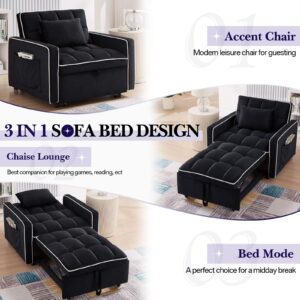 Convertible Sleeper Chair Bed, 3 in 1 Modern Velvet Pull Out Sofa Bed Chair, Small Tufted Single Sleeper Chair with Adjustable Backrest/Pillow for Living Room, Small Spaces, Apartment, Office, Black