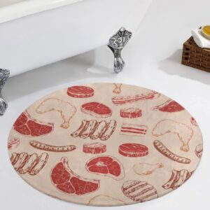 MoBlinko Beef Steak Round Area Rug BBQ Circle Rug Carpet Circular Rugs Non Slip Mat for Kitchen Living Room Bedroom Decoration 3 Ft