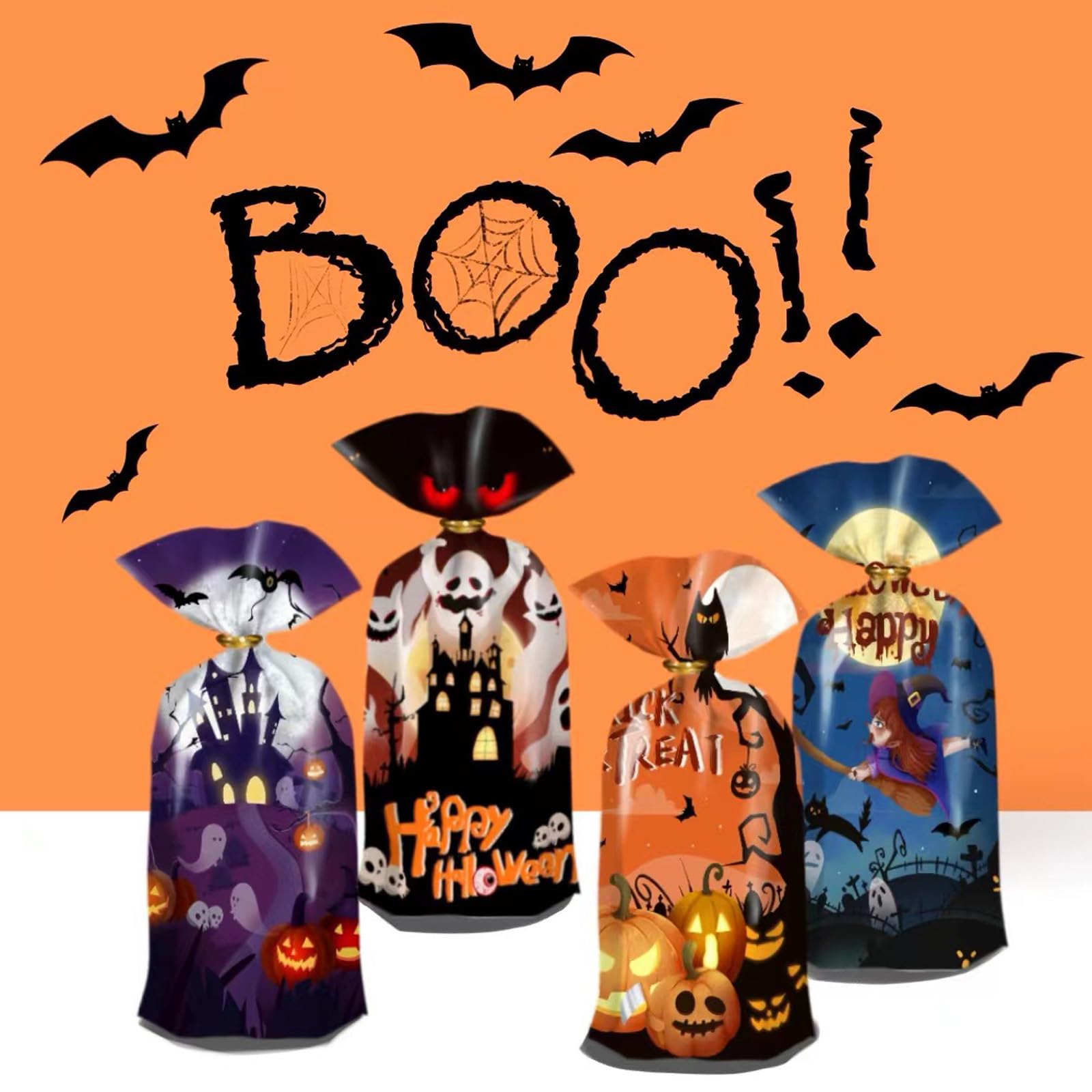 Artby7 Halloween Treat Bags, Halloween Cellophane Treat Bags, 50 PCS Halloween Candy Bags, Halloween Cello Cookie Goodies Gift Bags with 50pcs Ties for Halloween Trick or Treat Party Favors Supplies