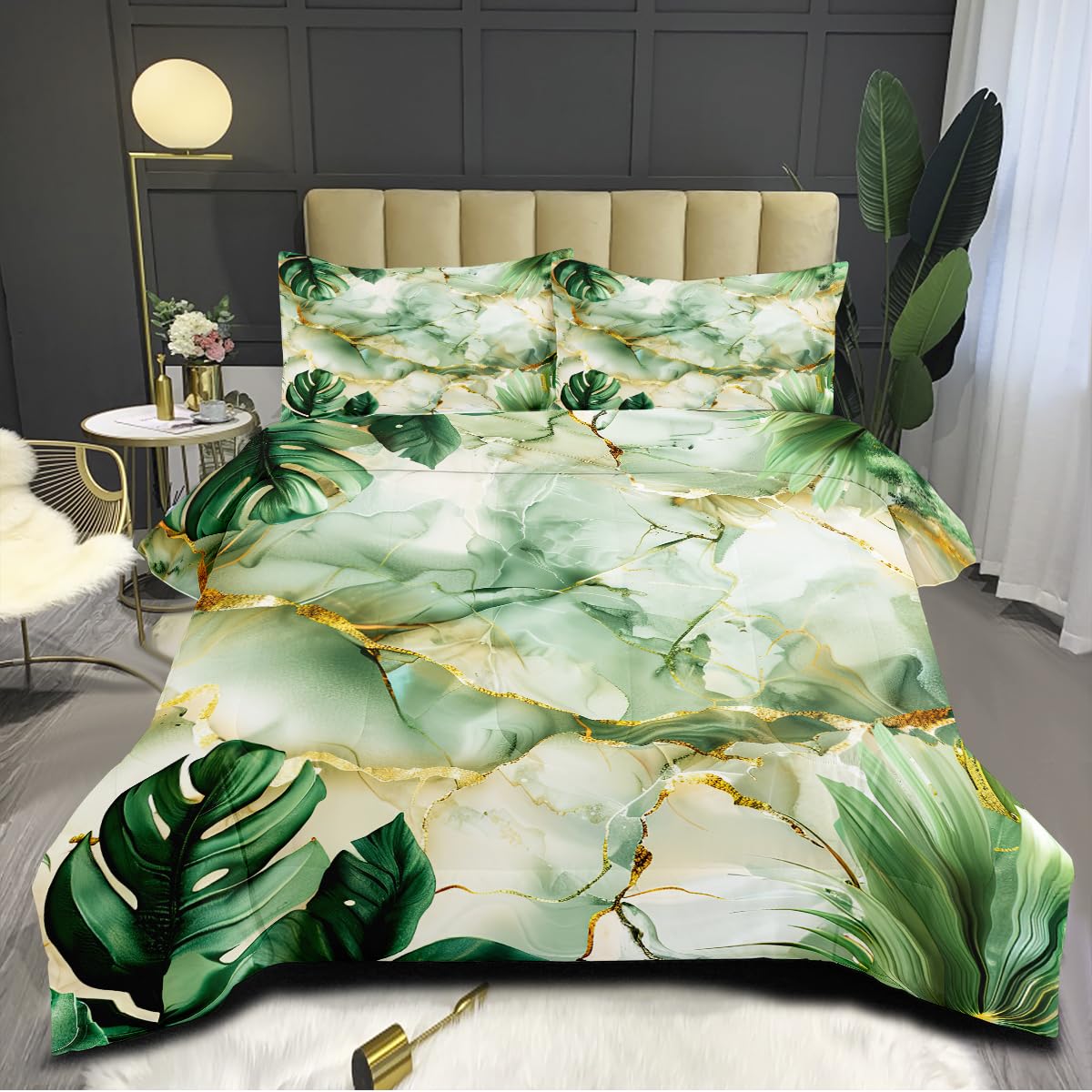 CCoutueChen White Gold Marble Comforter Bedding Set King Size Green Palm Leaf Bed Sets Summer Comforter Insert Tropical Botanical Leaves Bedding 3Pcs Soft Lightweight Comforter(Girls Women Adult)