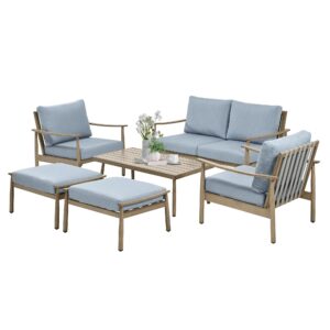 happatio patio outdoor furniture set - 6 pieces aluminum outdoor conversation set with 1 cushioned loveseat, 2 armchairs, 1 coffee table, and 2 ottomans for yard, porch, and deck (brown)