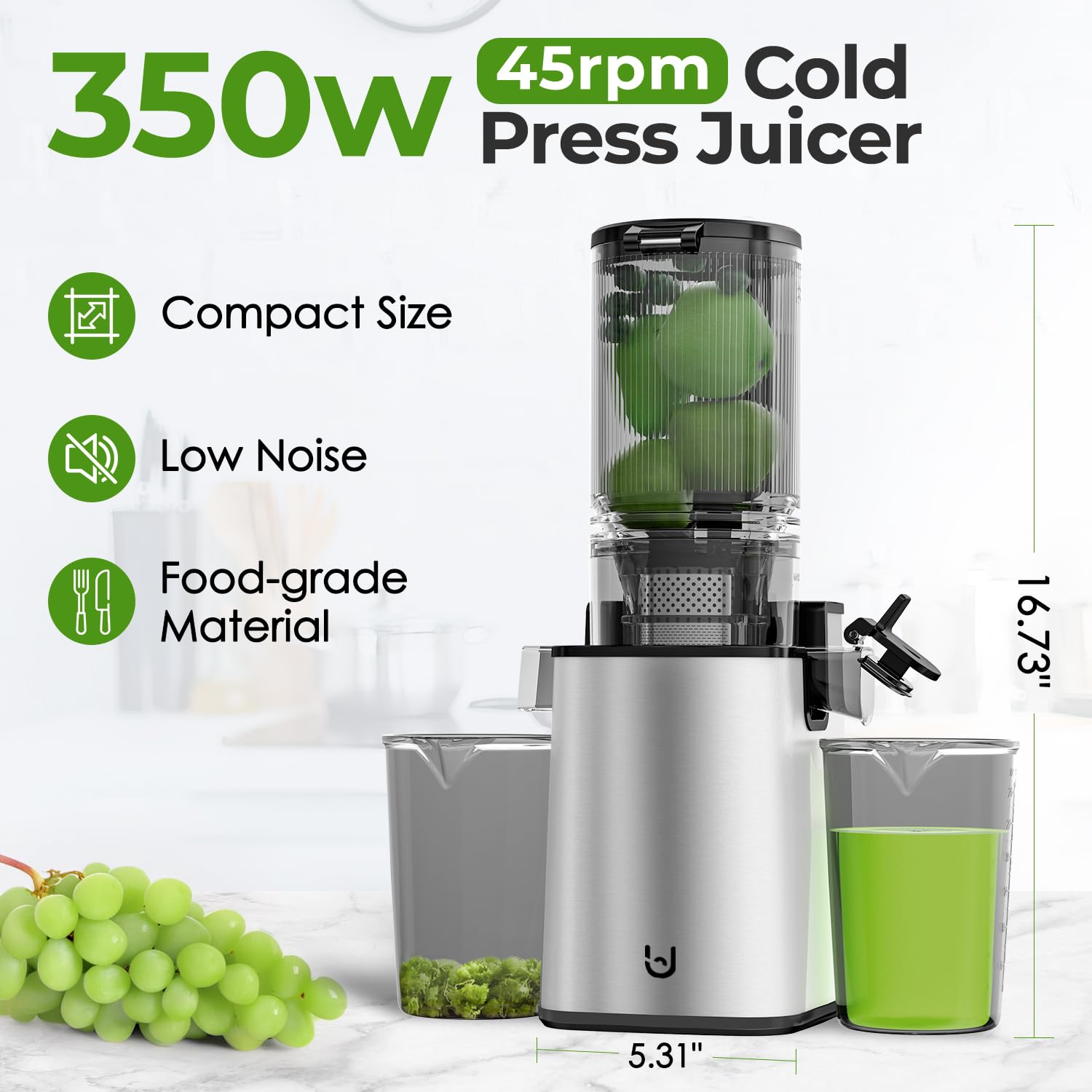 Masticating Juicer Machines, 350W Slow Cold Press Juicer with 5.3" Feeding Chute, High Juice Yield Juicer for Fruits and Vegetables, Easy to Clean